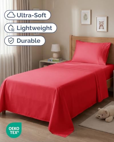 Twin Size 3 Piece Sheet Set - Comfy Breathable & Cooling Bed Sheets - Red