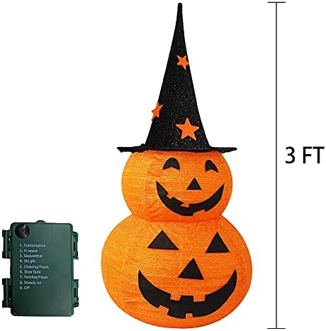 Halloween Decorations, 3 FT Pop Up Collapsible Pumpkin, Pre-Lit 50 LED Lighted Pupmkin Man with Star Hat, Jack o' Lantern with Metal Stand for Outdoor Indoor Garden Yard Home Party Decor