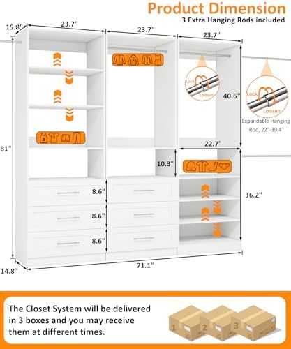 Closet System with 3 Sets, 6–15 FT Closet Organizer System with 6 Drawers, 9 Shelves & 5 Rods, Walk-In Modular Closet System, Custom Built-In Closet Kit, White
