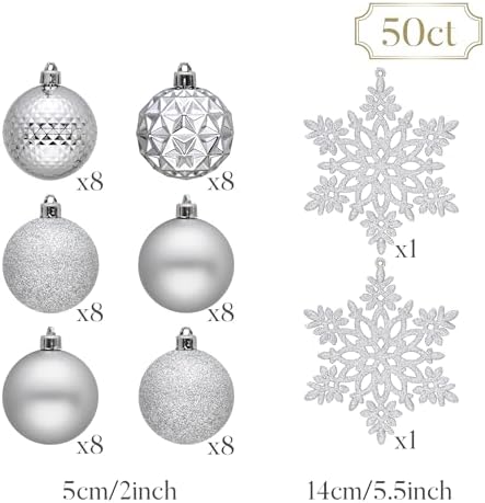 Valery Madelyn Christmas Tree Decorations Ornament Set, 50ct 2 Inches Silver Shatterproof Christmas Ball Ornaments Hanging Xmas Holiday Party Decor