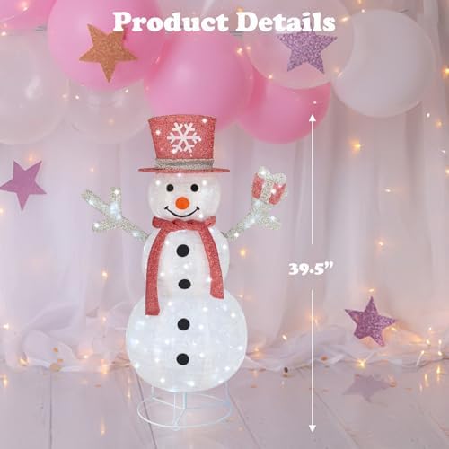 Outdoor Snowman Lighted, Pop-Up Snowman Outdoor Yard Holiday Decorations Prelit 100 Lights, Collapsible Lighted Snowmen Wear Scarf and Hold Light Up Gift Box for Pink Christmas Décor-Pink