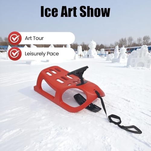 Childrens Snow Sled with Steering Wheel, Single Rider Outdoor Winter Sleigh for Toddlers Kids, Includes Pull Rope, Durable Blow Molded Construction, Red