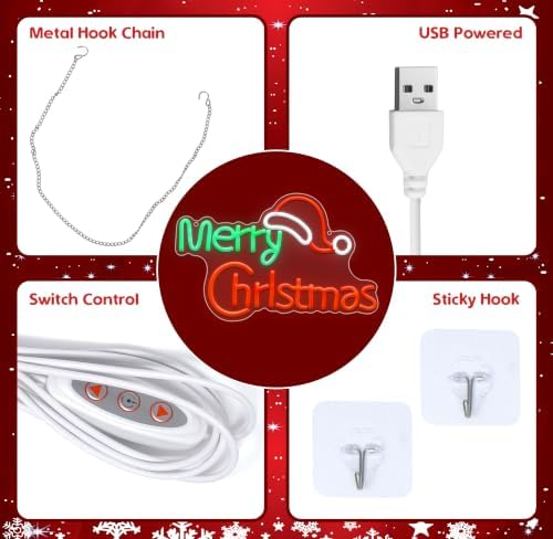 Merry Christmas LED Neon Sign USB Powered Wall Light with Santa Hat
