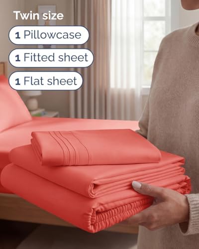 Twin Size 3 Piece Sheet Set - Comfy Breathable & Cooling Sheets - Coral