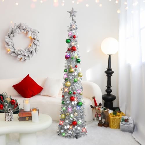 N&T NIETING Pop Up Christmas Tree with Lights & 30 Balls, 5Ft Collapsible Silver Tinsel Christmas Tree Decoration for Holiday Home Office Decor