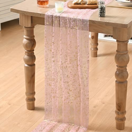 Artoid Mode 2-Pack Gold Gauze Pink Table Runner 10FT, Glitter Metallic Foil Sheer Dining Wedding Anniversary Holiday Birthday Table Decor for Home Party