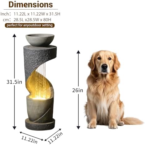 Sunlinua Outdoor Water Fountain with LED Light, Modern Spiral Tiered Outdoor Fountain with Stone Planter Curved Freestanding Waterfall Fountains for Garden Patio Deck Porch