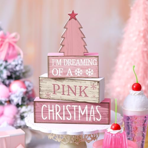 Lineshading 4 Pcs Pink Christmas Table Decor, Wooden Christmas Tree Signs