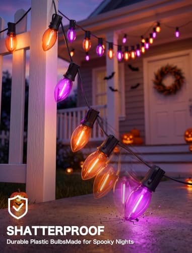 SUNSGNE 25FT C9 LED Halloween Lights Outdoor, 25 Orange and Purple Lights