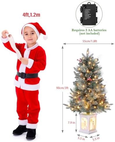 GarveeHome 3ft Prelit Christmas Tree with 78 Warm Lights & Red Berry, Artificial Xmas Trees with Snowman Light Box Base, for Home, Office, Fireside Christmas Decoration, Set of 1