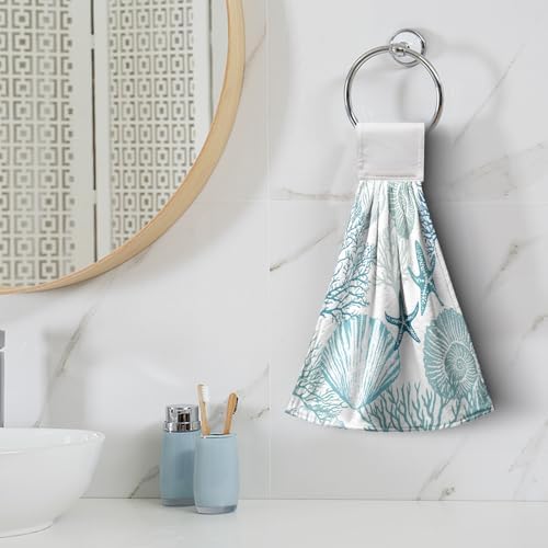 2 Pcs Nautical Coastal Hanging Hand Towels with Loop Summer Beach Blue Starfish Seashell Coral Kitchen Tie Towels Turquoise Teal Fingertip Bath Towel Fast Drying Dish Washcloths