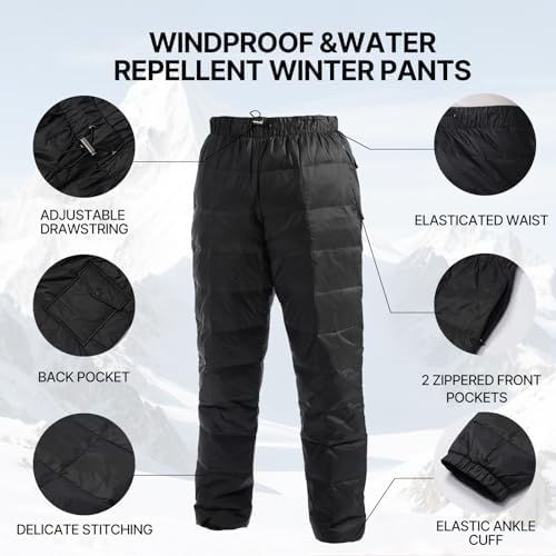 Down Pants, Men's Winter Warm Loose Utility Puffer Pants, Outdoor Insulation Compression Ski Snow Pants