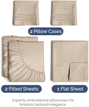 Split King Size 5 Piece Sheet Set - Breathable & Cooling Sheets - Cream
