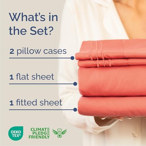 Cal King Size 4 Piece Sheet Set - Comfy Breathable & Cooling Sheets - Coral