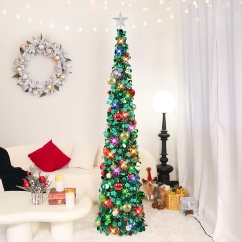 N&T NIETING Pop Up Christmas Tree with Lights & 40 Balls, 6Ft Collapsible Green Tinsel Tree Decorations, Skinny Christmas Tree for Holiday Home Office Decor, Green