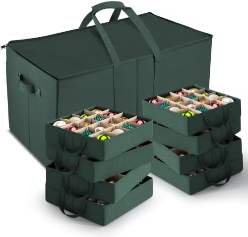 Hearth & Harbor Christmas Ornament Storage Box With 8 Inner Tray Dividers - Non-Woven Ornament Storage Container For 128 Holiday Ornaments or Decorations - Green