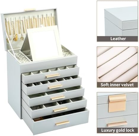 BOOVO Jewelry Boxes for Women, White and Black 6 Layer Large Jewelry Box for Necklace, Bracelet, Earrings, Rings Storage, Jewelry holder Organizer for Girls Gift (Grey and Gold, 6 layer)