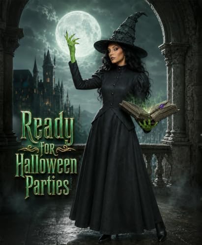 Witch Costume for Women Halloween Adult Black Witch Dress Set with Hat Green Gloves Tights for Costume Party Cosplay