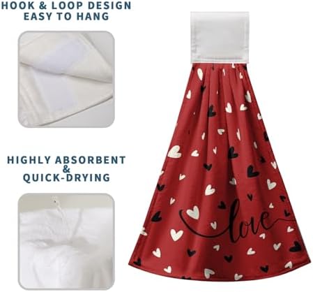 Valentines Day Love Hearts Hanging Kitchen Towels with Loop Valentines Romantic Holiday Hand Tie Towels Soft Absorbent Fingertip Dish Cafe Bar Tie Towel Washcloth Towel Oven Stove Set of 2
