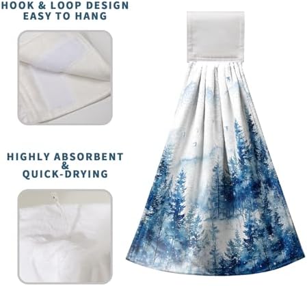 Blue Misty Forest Hanging Hand Towels Set of 2 Winter Nature Pine Trees Mountain Kitchen Towels with Hanging Loop Rustic Farmhouse Hand Towels Super Absorbent Soft Dish Tie Towel Tea Towel