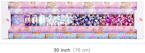 WRAPAHOLIC Christmas Wrapping Paper Set - Pastel Pink Purple Gingerbread House and Santa Wrapping Paper with Embossed Bundle with Gift Bow & Ribbon & Tag & Sticker