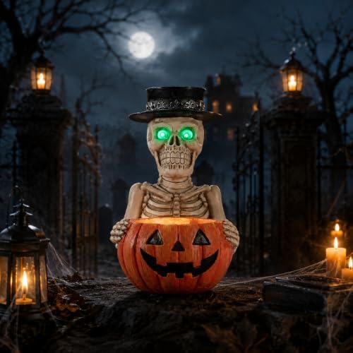 Halloween Glowing Eye Skeleton Statue with Pumpkin Candy Bowl