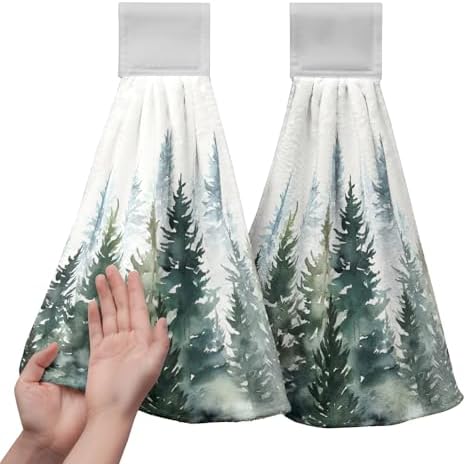 Watercolor Green Tree Hanging Hand Towels Christmas Pine Tree Kitchen Tie Towel Rustic Nature Forest Hand Towels with Hook Loops Winter Hanging Kitchen Towel Fast Drying Dish Tea Towels, 2pcs