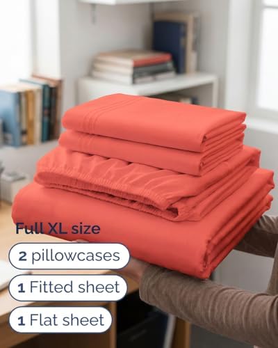 Full XL Sheets - 4 Piece Full XL Sheet Set - Breathable & Cooling - Coral
