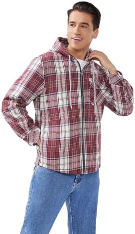 Elesuit Men's Full Zip Fleece Flannel Jacket Shirt Plaid Cotton Hoodie Coat