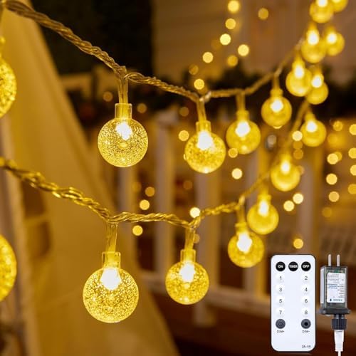 Crystal Globe String Lights Plug in - 33 ft 100 LED Globe Fairy String Lights with Remote and Timer, Waterproof for Bedroom Tent Loft Bed Window Porch Patio Wedding Party Holiday Decor, Warm White