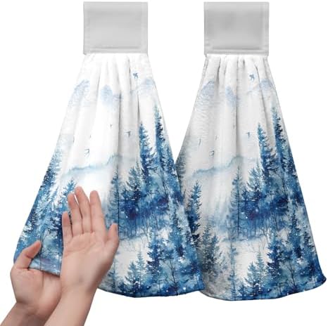 Blue Misty Forest Hanging Hand Towels Set of 2 Winter Nature Pine Trees Mountain Kitchen Towels with Hanging Loop Rustic Farmhouse Hand Towels Super Absorbent Soft Dish Tie Towel Tea Towel