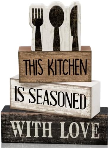 Moucuny 4 Pcs Kitchen Decor Wooden Signs, Farmhouse Tableware Tiered