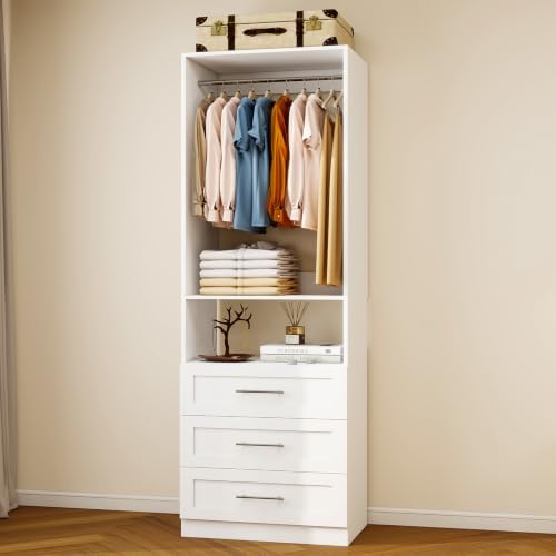 Closet System with 3 Drawers, Modular Closet Organizer System with 2 Hanging Rods and Shelf, Walk-In Closet System for Custom Closet Storage, White