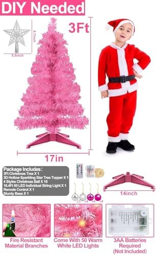 Remote Control&Timer&8 Modes 3 Ft Pink Christmas Tree with DIY 50 Warm Lights 15 Ball Ornaments 3D Star Battery Operated Pencil Full Valentines Tree Xmas Christmas Decorations Table Home Fireplace