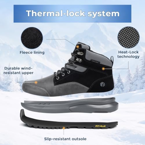 FitVille Mens Snow boots Wide Width Fur Lined Warm Winter Boots with Heat Lock Technology and Adjustable Lace up, Slip-Resistant Outsole for Outdoor