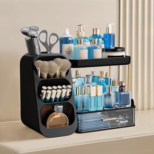 HBlife Bathroom Organizers and Storage with Brush Holder for Vanity, 3 Tier Plastic Makeup Organizer for Dresser Counter, Skincare, Lipstick, Perfume, and Cosmetic Storage, Black