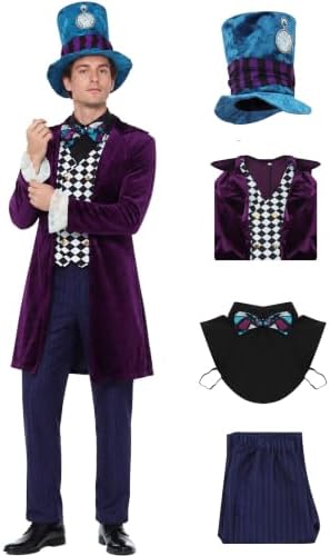 The Hatter Costume Men Mad Tea Party Master Outfits Adult Story Book Character Tuxedo Pants Dicky Collar Top Hat Set