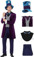 The Hatter Costume Men Mad Tea Party Master Outfits Adult Story Book Character Tuxedo Pants Dicky Collar Top Hat Set