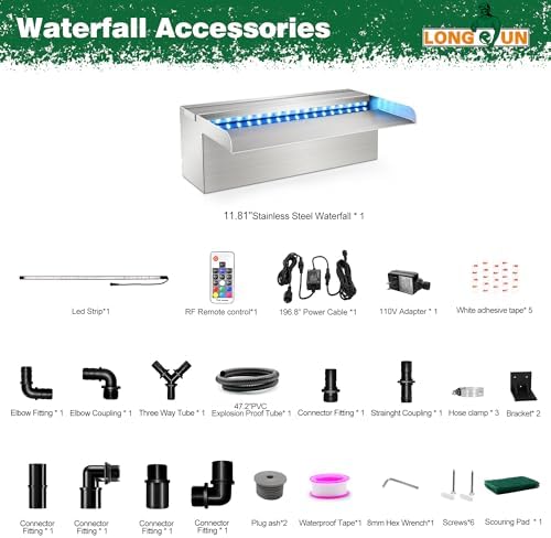 LONGRUN Waterfall Pool Fountain, Updated 5.9'' Wider Open Lip Stainless Steel Waterfall Spillway, Decorative Water Feature for Swimming Pools, Koi Ponds, Spa & Garden - 11.8''