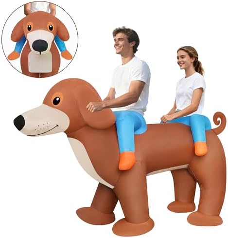 Adult Two Person Double Couple Riding Dachshund Dog Inflatable Costume Quick-Inflate Air Blow Up Outfit for Halloween Christmas Theme Party Team Building