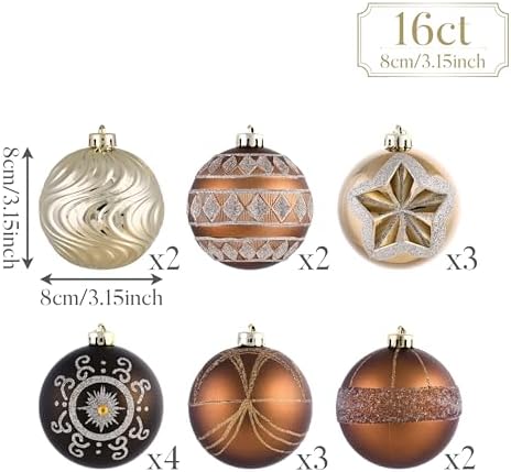 Valery Madelyn Ornaments for Christmas Tree Decorations, 16ct Bronze Copper and Gold Shatterproof Fall Christmas Tree Ornaments Set, 3.15 Inches Luxury Brown Hanging Ball Decor Bulk for Xmas