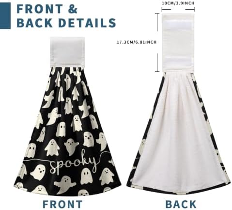 Halloween Kitchen Hanging Towel Set of 2 Black White Spooky Ghost Kitchen Hand Towels with Hanging Loops Dish Washcloth Soft Absorbent Bath Tie Towel for Bathroom Decor