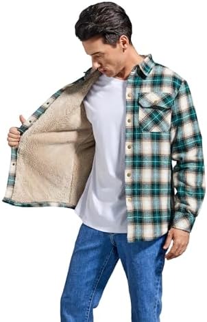 Men's Sherpa Cotton Flannel Shirt Jacket Plaid Button Coat Pocket