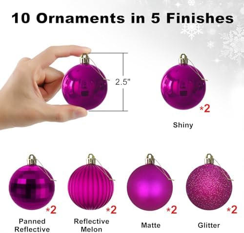 Fuchsia 2.5" Christmas Balls Christmas Tree Decoration Ornaments Shatterproof Hanging Balls for Birthday Halloween Holiday Wedding Decorations Set of 10pcs
