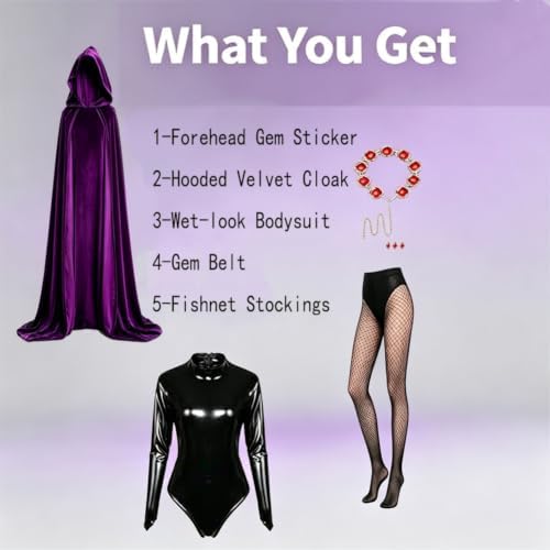 YAQIZENG Purple Velvet Hooded Cloak Costume for Women Adult Halloween Costumes with Bodysuit Black Tights Belt Outfits