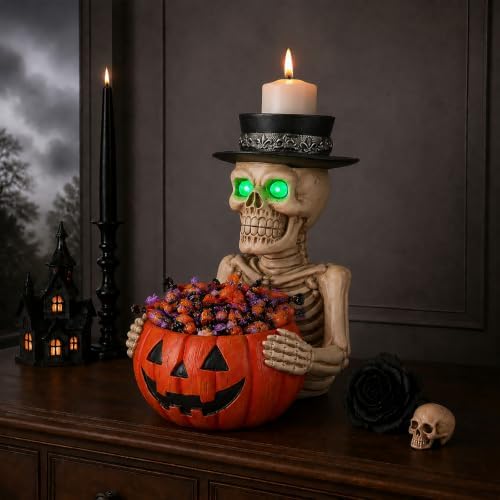 Halloween Glowing Eye Skeleton Statue with Pumpkin Candy Bowl