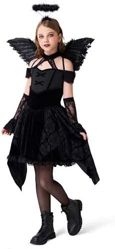 Spooktacular Creations Halloween Child Girl Black Angel Short Dress Costume, Kids Fallen Angel Outfit for Role Play Parties