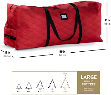 ZOBER 600D Oxford Fabric Large Rolling Christmas Tree Storage Bag - Fits 9 Ft Artificial Trees - Waterproof Christmas Tree Bag For Storage Box For Xmas, Durable Handles and Wheels - Quilted Red