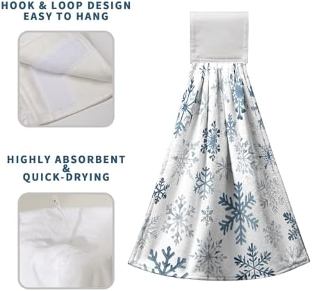 2 Pcs Blue Snowflake Winter Hanging Kitchen Towels Christmas Hand Towels with Hanging Loop Xmas Holiday Kitchen Tie Towel Dish Cloth Soft Absorbent Fingertip Bath Towel for Bathroom