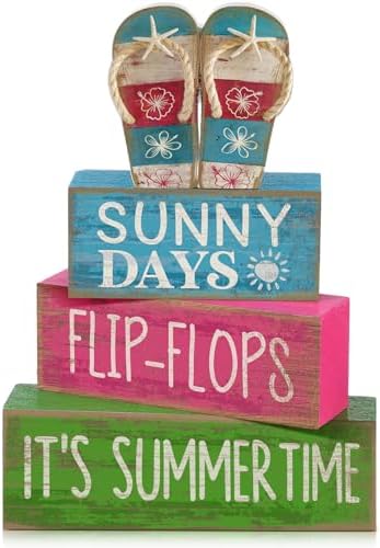 Lineshading 4 Pcs Flip Flop Beach Summer Wooden Block Signs Table Decor
